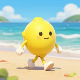 lemon character walking in a beach