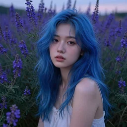 photograph of a young woman with blue hair lush flowering indigofera, serene eveninig, rough skin pores texture, cute and gorgeous, a masterpiece hyperrealistic, ultra detailed fullbody, photoreal image, actual person, extremely detailed, trending on artstation, sharp focus, 4 k.