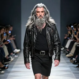 gandalf the grey on a fashion runway, an emo, black tank top, black leather jacket, black knee - length skirt, black choker