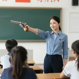 a teacher holding a revolver in her classroom