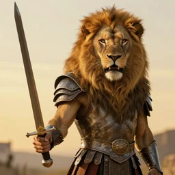 Stern English lion gladiator holding sword. Slender neck. Master swordsman. Long  hair. Art by William-Adolphe Bouguereau. During golden hour. Extremely detailed. Beautiful. 4K. Award winning.