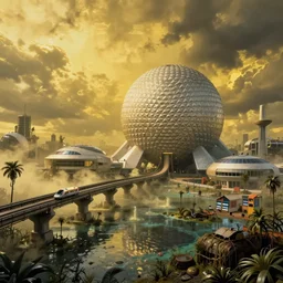 post - apocalyptic epcot center, wasteland, submerged, monorail, abandoned, wet, swamp, swamp gas, nuclear fallout, yellow mist, yellow sky, dark clouds, walt disney world, highly detailed, intricate, 8 k