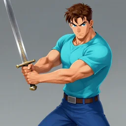 a muscular man wearing a cyan shirt and blue pants with brown hair and blue eyes, weilding a sword