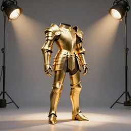 full frame golden reflective shining intricate armor on a stand in the middle of a studio well lit spotlights anamorphic behance artstation artwork by boris vallejo