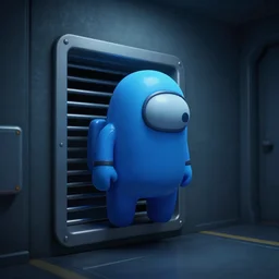 Among us hyper realistic 4k emerging from the vent into a dark hallway