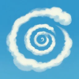 clean cel shaded vector art, spiral, curled blue sky fluffy curled clouds, curved clouds, smoke shaped clouds, from lorax movie, by studio ghibli