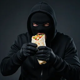 a hacker dressed in all black with a ski mask eating a comically large burrito.