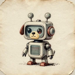 a detailed illustration of a cute retro robot dog, alcohol inks on parchment, muted colors, detailed, textured parchment background, 1 9 5 0 s concept art