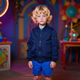 colorful and Festive Captivating young boy with wavy blonde hair, navy blue jacket and blue shorts. rich vivid colors, ambient lighting, dynamic lighting, 4k, atmospheric lighting, painted, intricate, highly detailed by Charlie Bowater