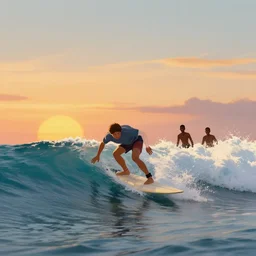 surfing at sunset, by fiona staples and dustin nguyen, peter elson, alan bean, wangechi mutu, metallic colors, fractals, deepdream, oxidized copper, led light, highly detailed and intricate, psychedelic, sharp focus,