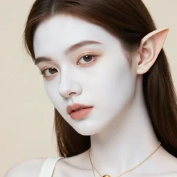 elf girl character, soft white skin, gold jewelry, full face, product photography, look at the details