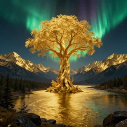 tree of life, golden mountains. golden river. golden alpine lake. night time. darkness. octane render. volumetric lighting. magical atmosphere. cinematic. realistic. vast landscape. aurora borealis. northern lights. large scale