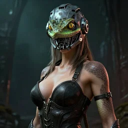 sexy beautiful lizard with yellow snake eyes, head made of mech mask rendered in unreal engine, movie shot from the witcher, cyberpunk universum, dark scifi, painted by carne griffiths and beksinski