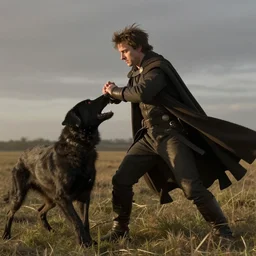 film still of daniel radcliff playing ikiris from the film eternals, hd, 8 k, high resolution, cinematic, golden hour lighting, photorealistic, on a field, grey sky, shadows, long cape, fighting a demon that looks like a dog with red eyes