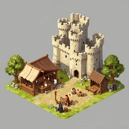 isometric view, detailed, medieval tavern and a castle, asset on grey background