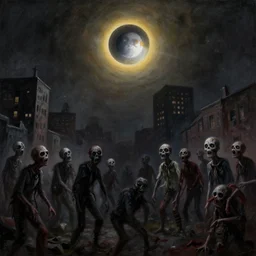 a ghastly painting of an eclipse over a city full of nothing but zombies, trending on artstation