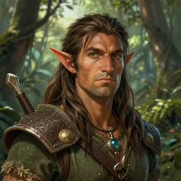 a close - up headshot illustration portrait of an human druid standing in amazon forest, d & d character portrait, pathfinder, art by keith parkinson and greg rutkowski and frank frazetta