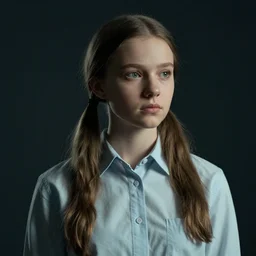portrait of a russian girl, medium closeup, pigtails, cinematic light, dark background, looking away, cotton shirt, by paul chabas, trending on artstation