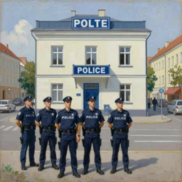 fine by helio oiticica. the painting of a police station in the lithuanian city of vilnius. in the foreground, a group of policemen are standing in front of the building, while in the background a busy street can be seen.