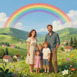 a happy familly under the rainbow. in the green valeys near a village. intricate, elegant, highly detailed, digital painting, artstation, concept art, sharp focus, illustration, by justin gerard and artgerm, 8 k