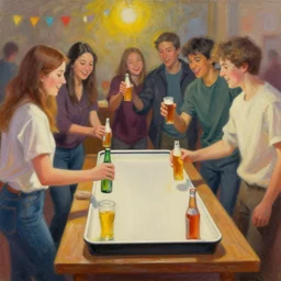 Oil painting of students playing beerpong during a party.