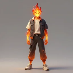 a triple a game concept art of an anthropomorphic flame in a casual outfit, art by cushart krentz and greg rutkowski, elegant, front view, male person concept art, sharp focus, morandi color scheme, fantasy style, illustration, high quality, digital art, hyperrealism, octane render, commission art