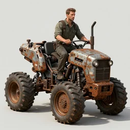 a concept art illustration, a man wearing a large mechanical rusty farming vehicle, style by dylan cole and feng zhu and wlop, unreal engine, trending in artstation, octane render