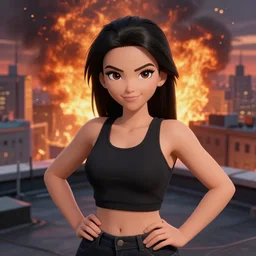 tracer, standing on rooftop, 4 k, detailed, smiling at camera, detailed eyes, confident stance, detailed face, feminine face, burning exploding city in background