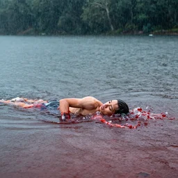 dmt entity swimming threw a lake of blood with rain falling