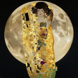 an abstract goddess with the moon behind her covered in gold, intricate details, in the style of manara, klimt