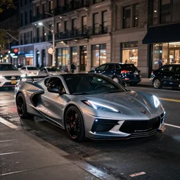 photograph of a car that is a combination of a corvette c 8 and a cadillac lyriq, new york urban street at night