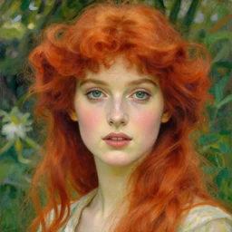 a beautiful red haired woman in a garden, beautiful highly detailed face, stunning painting by irakli nadar and greg rutkowski alphonse mucha