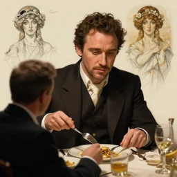 james mcavoy eating dinner, character sheet, character design, contrast, deep focus, turnaround, highly detailed, dramatic lighting, digital painting, artstation, concept art, matte, sharp focus, illustration, elegant, art by artgerm and greg f and alphonse mucha.
