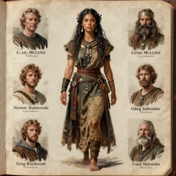detailed ultrarealistic photography of charactersheet medieval dnd organic rustic robust tribal girl craig mullins, vallejo, leyendecker, norman rockwell, greg rutkowski, moebius cinematic, full shot,