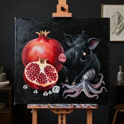 painting of a black painted canvas, on an easel in a dark room with black walls, pomegranate, a black pig - ganesha, pork, octopus, large diamonds gems, stone sculpture work in progress, oil on canvas