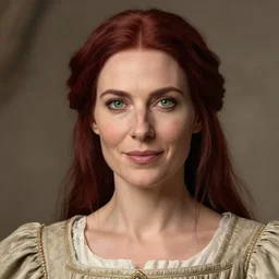 head portrait, full faced, 40 years old women, friendly, dark red hair, green eyes, in beige expensive historic clothing, high detail, digital art, medieval fantasy