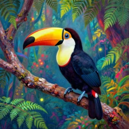a colorful toucan bird sitting on a tree by henri rousseau, colorful glowing fern forest, 4 k, hyper detailed, distant, psychedelic art, acid pixie