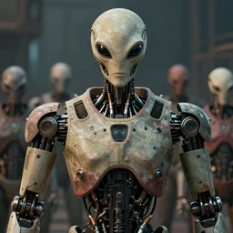 humanoid robot torso, symmetry, faded colors, exotic alien features, cypherpunk background, tim hildebrandt, wayne barlowe, bruce pennington, donato giancola, larry elmore, masterpiece, trending on artstation, featured on pixiv, cinematic composition, beautiful lighting, sharp, details, hyper detailed, 8 k, unreal engine 5