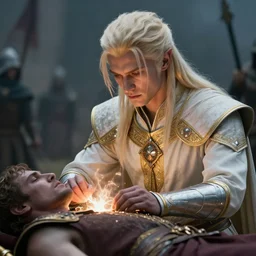 extreme closeup portrait of an aasimar man with platinum blonde hair wearing white and gold vestments under armor healing a wounded soldier on a stretcher with holy magic in war camp, detailed, realistic, Greg Rutkowski, 4k, pensive