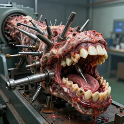 a close up of an elongated machine made of teeth dental drills and raw meat rust, in a factory, concept art by giger, cgsociety, assemblage, trypophobia, greeble, grotesque, biomechanical open mouth drilling giant teeth, whirring industrial drills, industrial saliva