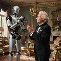 VFX movie portrait of old woman applauding sleek butler robot in a decadent living room by Emmanuel Lubezki