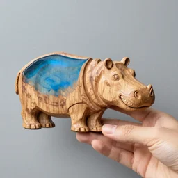 hippopotamus, wood art, blue!! epoxy resin, sculpture, wood carving, wood sculpture, wood art, wooden decoration, hand made, wooden hippo, studio lighting, white background