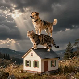 a dog ontop of a cat ontop of a house which is ontop of the dog