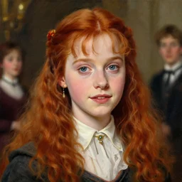 a close - up portrait of ginny weasley, attending the yule ball. beautiful painting by jim kay. color harmony, 8 k detail, gallery quality, hd wallpaper, premium prints available, hyper - detailed, intricate design.