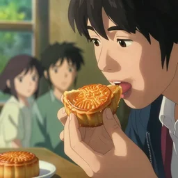 ' someone vey happy tasting a delicious mooncake, very details'by artgem, hugh kretschmer and edwin austin abbey, victo ngai, makoto shinkai, style of macro lens