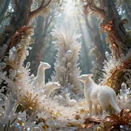 beauteous sumptuous white pearlescent iridescent organic forest, crystal, gold, copper, bronze biomechanical with incredible iridescent pearlescent voluminous neon vegetation, crystalline masterpiece incrustations, hyperdetailed animals, movie still, intricate, octane render, cinematic forest lighting, unreal engine, crepuscular rays, god rays