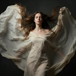 a portrait of a woman with long hair wearing a fabric cloth drapery by peter mohrbacher and roberto ferri and frederick lord leighton, billowing, dramatic, dynamic lighting, sharp focus, motion, symmetrical features