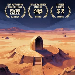 very detailed, prophet graphic novel, ilya kuvshinov, mcbess, rutkowski, simon roy, illustration of a plateau with a large vault door on a desert planet, wide shot, colorful, deep shadows, astrophotography