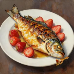 a grilled whole fish served with strawberries. this oil painting by the award - winning mangaka has a beautiful composition, great sense of depth, dramatic lighting and intricate details.