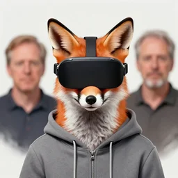 portrait of fox in hoodie in vr glasses, by greg hildebrandt and michael hutter